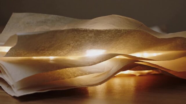 Shifting warm LED strip illuminating stack of translucent sheets on wooden tabletop, showing fibers