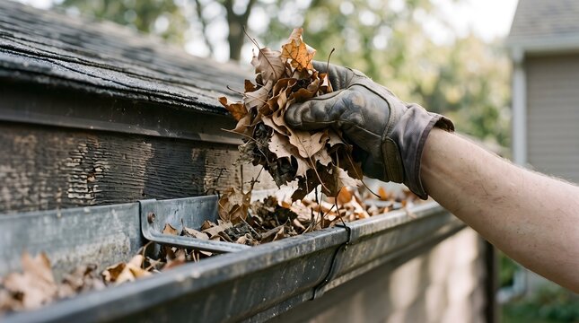 Gloved hand clears dry leaf debris from a metal roof gutter, showing practical wildfire mitigation and preventive home maintenance around a residential exterior.