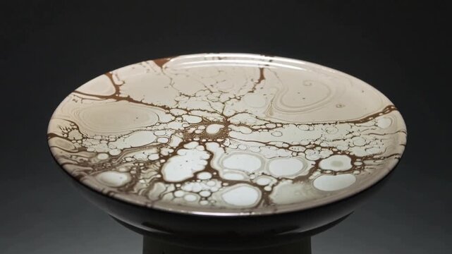 Rotating ceramic dish revealing radial glaze on dark studio stand, motor spin showing pattern