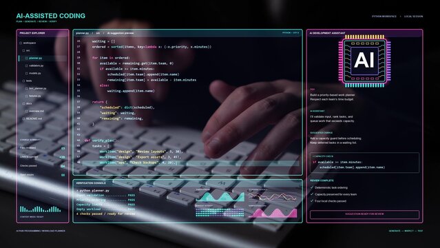 AI specialist works at a keyboard. AI programming assistance turns a planning requirement into implementation details, bringing code review, test assertions and validation into the process