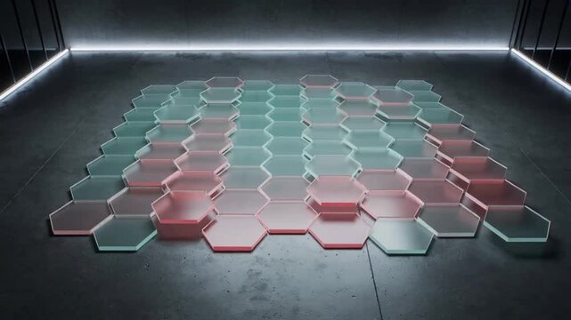 Shifting hex grid changing hue, lifting from front edges on concrete floor, LED strip forming steps