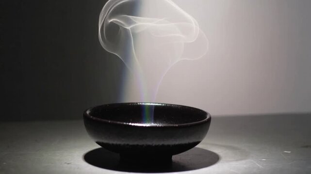 Rising smoke plume originating from shallow dark bowl on gray table under lamp, showing lobes