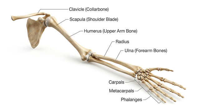 Human Upper Limb Bone Anatomy Illustration, Detailed Skeletal Diagram. Medical Education Resource