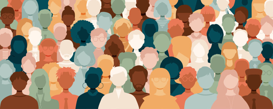 Different people stand side by side together. Modern colorful design.