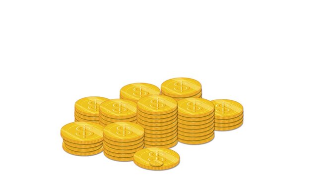 A stack of gold coins with dollar signs animated on a white background, cost of living is rising with an up arrow.