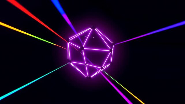 Abstract geometric cubes and polyhedrons with neon light trails moving through darkness