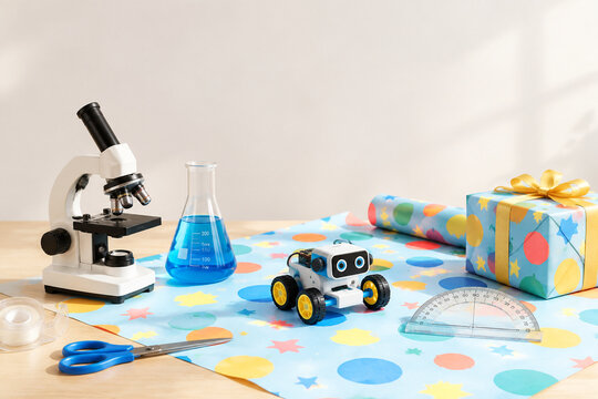 Gift wrapping station with microscope, flask, robot toy and protractor, science and education concept