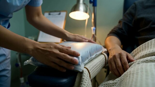 Pressing sealed cold pack on clinic armrest, nurse in scrubs cooling patient holding arm extended