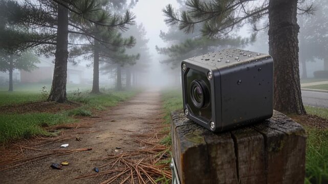 Starting pan, cube camera sitting on worn post droplets visible beside foggy pine path, copy space
