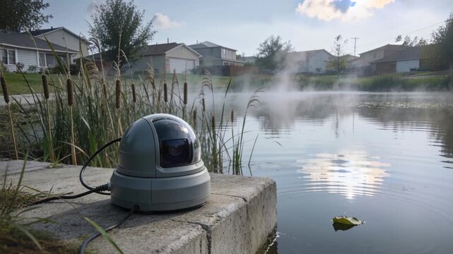 Filming dome cam watching pond edge slab sun sparking recording mist and leaf ripples for safety