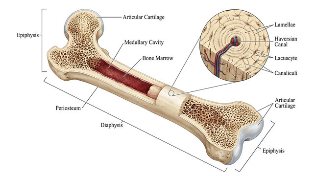 Long Bone Cross-Section, Detailed Anatomical Illustration of Bone Structure Featuring Anatomy, Diagram