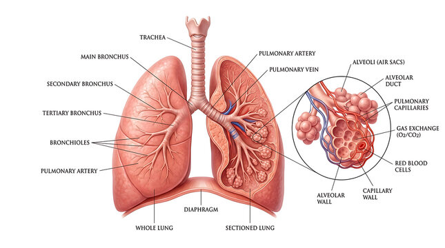 Lungs Anatomy Diagram with Trachea, Bronchi, Bronchioles, Alveoli, and Pulmonary Circulation