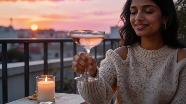 Offering Indian woman toasting with coupe glass on balcony at sunset in knit sweater with candle