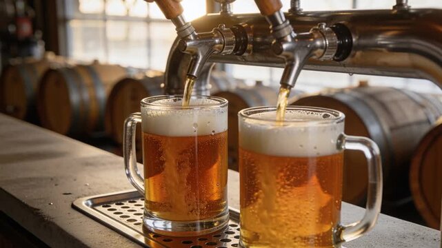 Pulling server hands operating wooden levers, filling two beer mugs at taproom to serve patrons