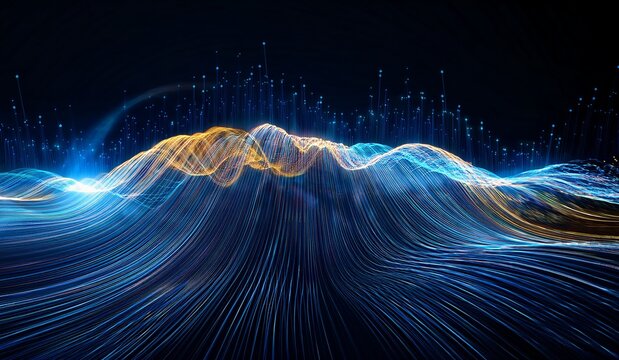 Futuristic Abstract Technology Background with glowing blue and gold fiber optic wave lines representing digital data and global network connection