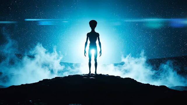 Alien Silhouette Standing on a Misty Hill Under Starry Night Sky