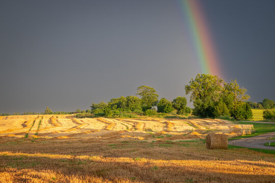 Sunset rainbow illuminates a post-harvest field after summer rain.