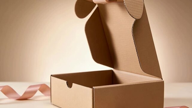 Lifting box lid by hand on beige tabletop, showcasing empty interior with pink clip and ribbons