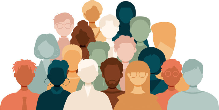 Different people stand side by side together. Modern colorful design.