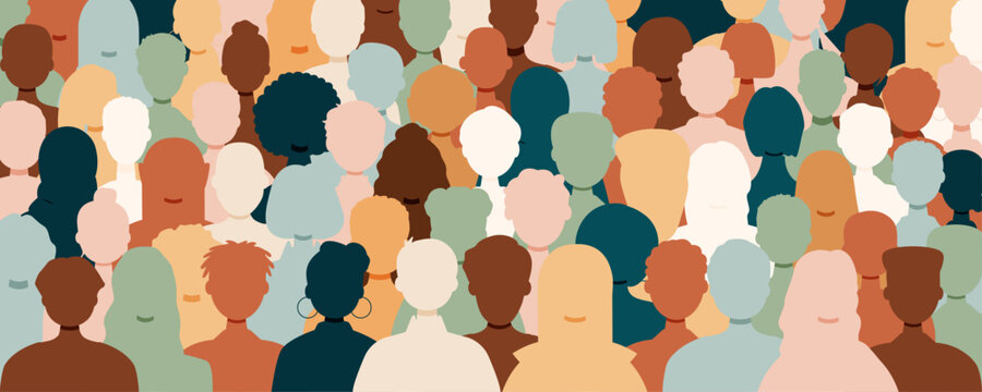 Different people stand side by side together. Modern colorful design.