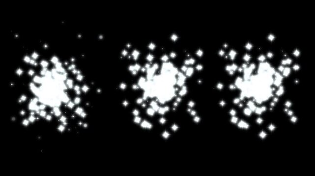 White sparkling glitter particles burst transition, quick glowing white star dust flash effect, animated magic sparkle explosion, fairy dust wand light line move background on black screen, 4k loop