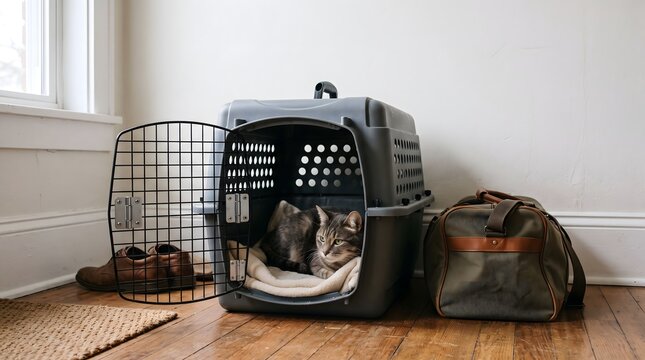 Adult cat rests calmly inside an open ventilated carrier beside a packed bag in a home entryway, illustrating pet evacuation readiness and emergency preparedness.