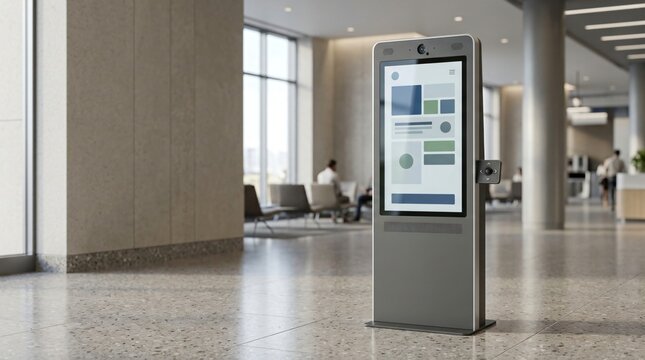 Interactive information kiosk in modern public building