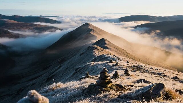 Sunrise shifting golden light across mountain ridge crest at dawn, warming cairns and fog