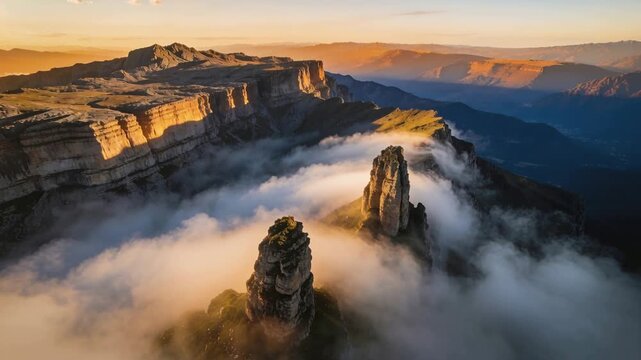 Gliding drone revealing two rock spires on mesa, fog shifting, exposing faces to show layers
