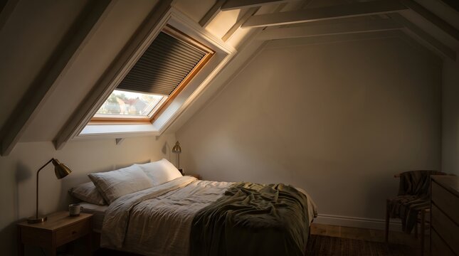 Small attic bedroom with a sloped roof window above the bed and subdued daylight, showing a compact sleep environment in an awkward roof-space interior.