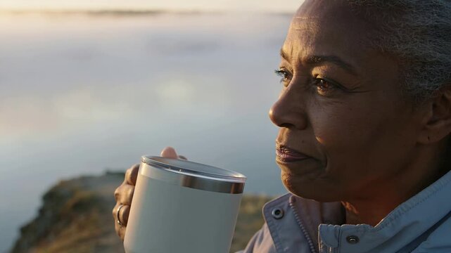 At dawn senior woman lifting sipping lowering white mug gazing at horizon rocky shore jacket rings