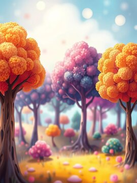 Illustration of whimsical trees in soft focus, isolated, architecture