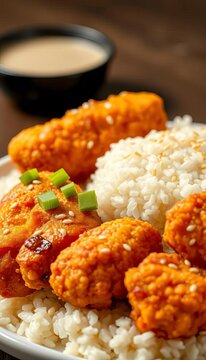 Golden-brown chicken strips served with fluffy white rice and garnished with sesame seeds, popular dish, comfort food