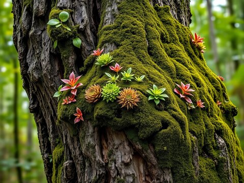 Gnarled tree trunk adorned with epiphytic plants and moss, texture, lichen