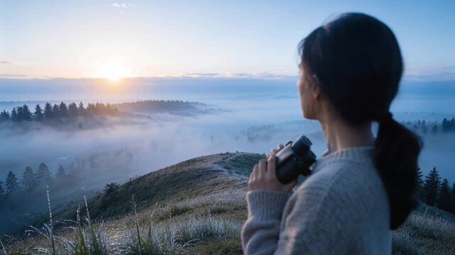 Sunrise drawing woman in sweater, turning watching sun holding binoculars on dewy ridge, copy space