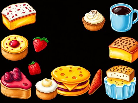 Freshly baked breakfast treats come to life in this set of hand-drawn digital icons featuring oil-painted style graphics, eggs, oil-paint-style