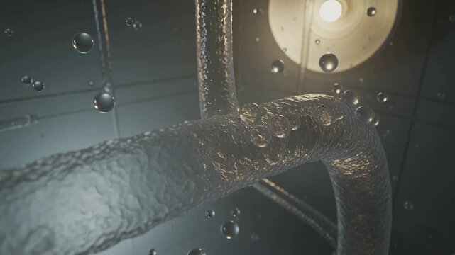 Camera reframing, large gel tube shedding bubbles releasing gas under ceiling grid, overhead lamp