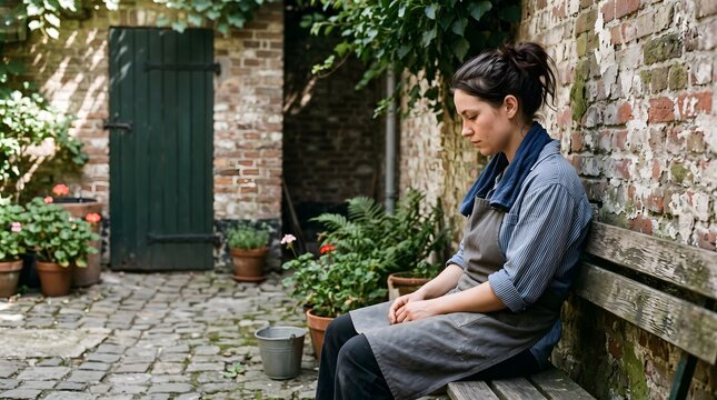 Tired food-service worker rests in a shaded courtyard with a cooling towel after hot work, illustrating heat-stress prevention, recovery and occupational wellbeing.
