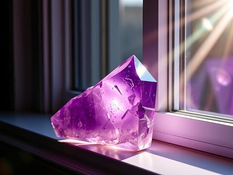 Amethyst crystal point glows with soft purple light on windowsill, morning sunbeams dance across its facets, mineral, amethyst