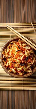 Air dried shredded seafood fish snacks arranged neatly in a wooden bowl with chopsticks on a bamboo mat, chopsticks, rustic