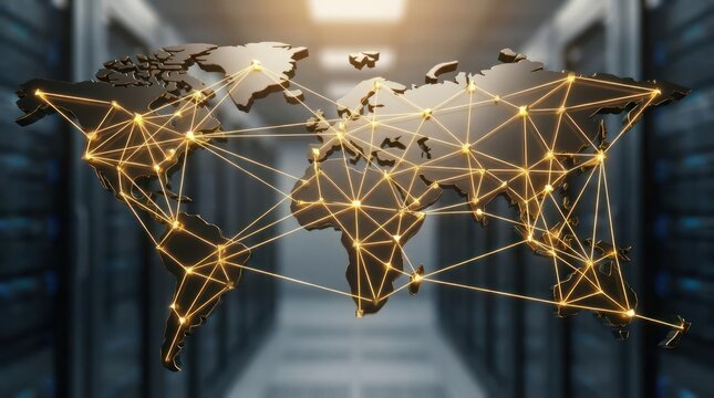 Global network connections overlayed on a world map in a server room