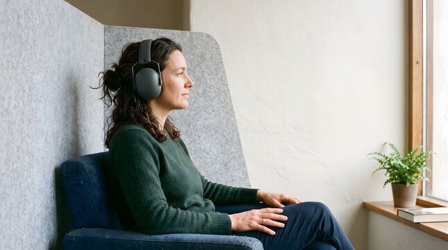Adult woman wearing ear defenders while seated calmly beside an acoustic partition in a quiet room, useful for sensory accessibility and inclusive-space content.
