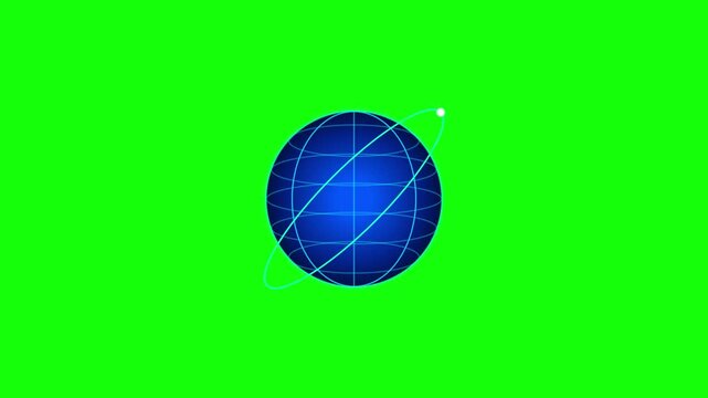 Digital animated globe with orbiting satellite ring on a bright green chroma background