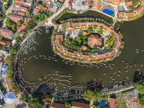 Tam Coc festival waterfront from above during the Tam Coc festival in Ninh Binh, Vietnam