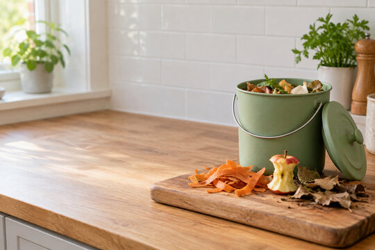 Vegetable peelings beside a small kitchen compost container