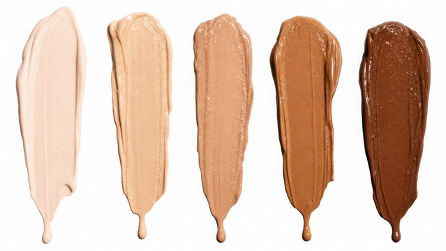 Five liquid foundation makeup swatches in ascending skin tone shades from light generated using ai
