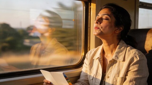 Woman tan top holding letter tabs closing eyes, breathing reflecting on train past farm, copy space