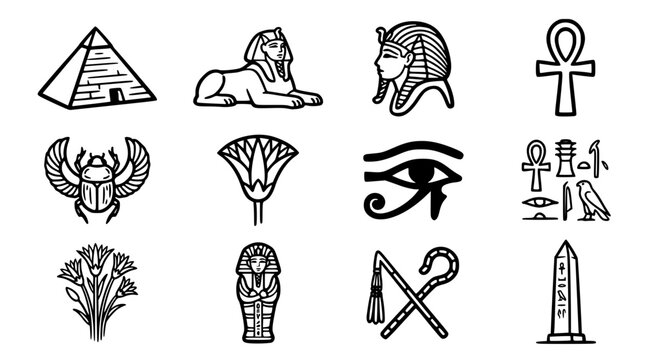 Hand-drawn Ancient Egypt icon collection featuring a pyramid, sphinx, pharaoh mask, ankh symbol, scarab beetle, lotus flower, Eye of Horus, sarcophagus, crook and flail, hieroglyphics, and obelisk