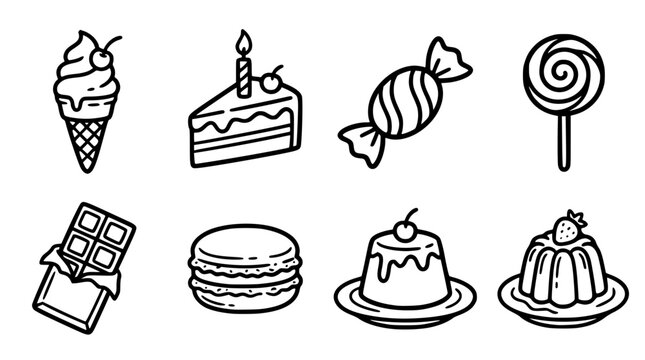 Hand-drawn dessert and sweet treat icon collection featuring ice cream cone, birthday cake slice, wrapped candy, lollipop, chocolate bar, macaron, pudding, and jelly dessert
