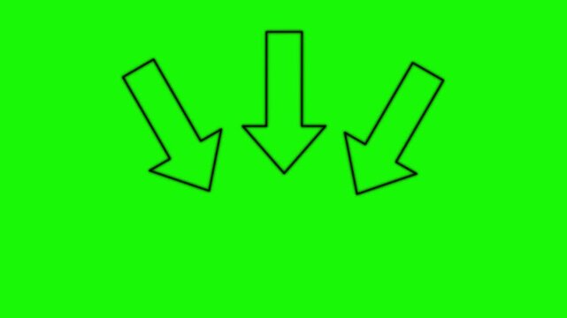Three black outlined arrows pointing downwards on a vibrant green screen background, indicating a collective downward motion or emphasis.